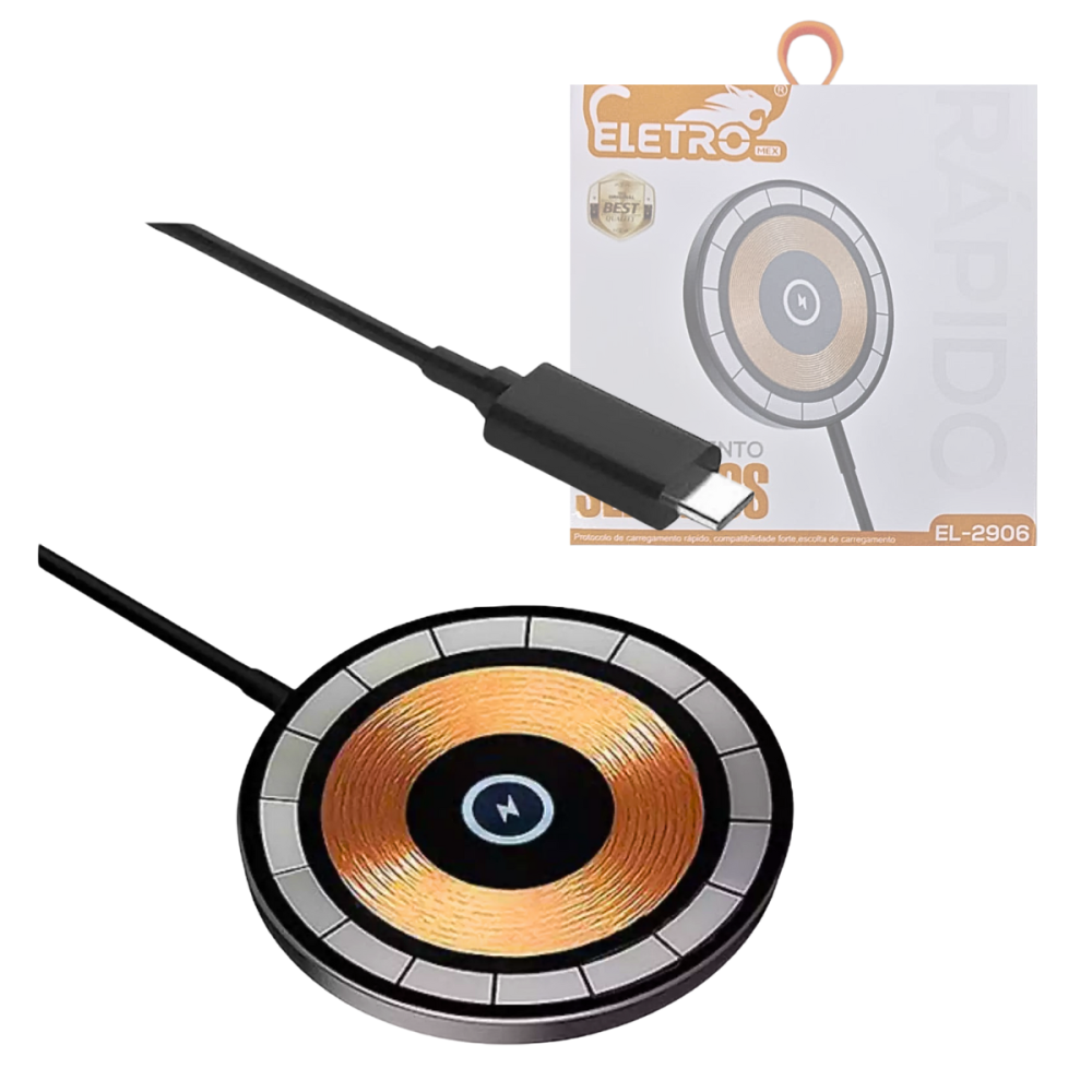 Carregador Magnético Por Indução 15W Carregamento Turbo USB Conector TIPO-C Eletromex EL-2906