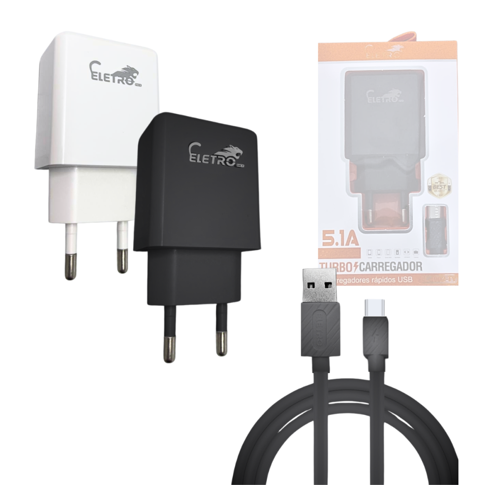Fonte Carregador Turbo 5.1A com 02 Portas USB Cabo TIPO-C de 1 Metro Eletromex EL-4002-TY