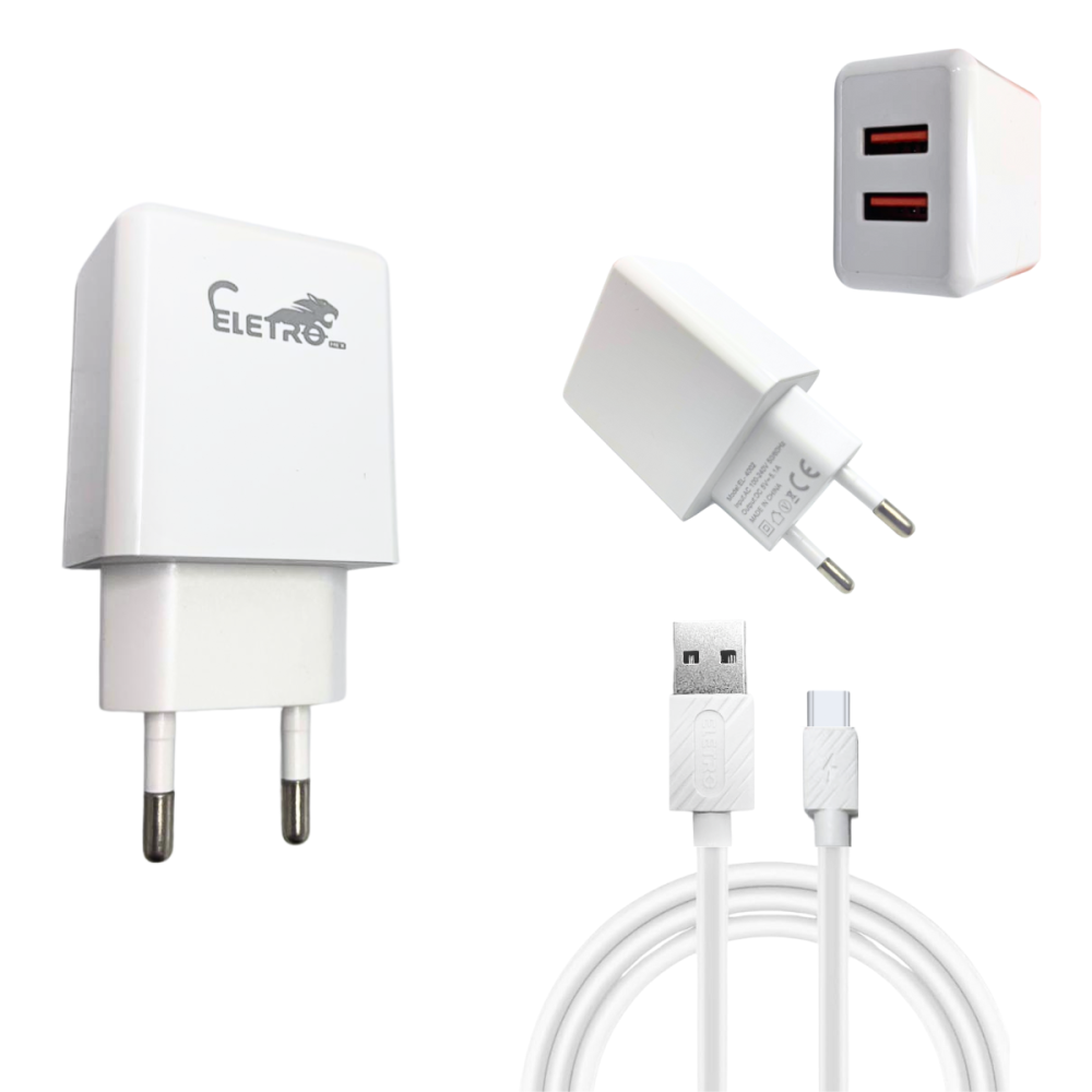 Fonte Carregador Turbo 5.1A com 02 Portas USB Cabo TIPO-C de 1 Metro Eletromex EL-4002-TY