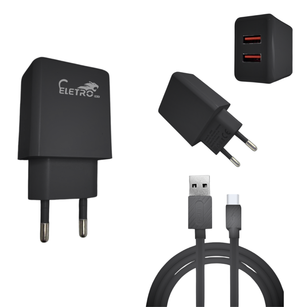 Fonte Carregador Turbo 5.1A com 02 Portas USB Cabo TIPO-C de 1 Metro Eletromex EL-4002-TY